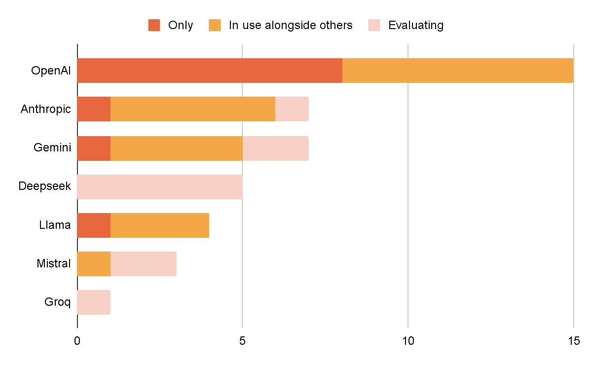 Which API-based LLMs are tech founders using or planning to evaluate?